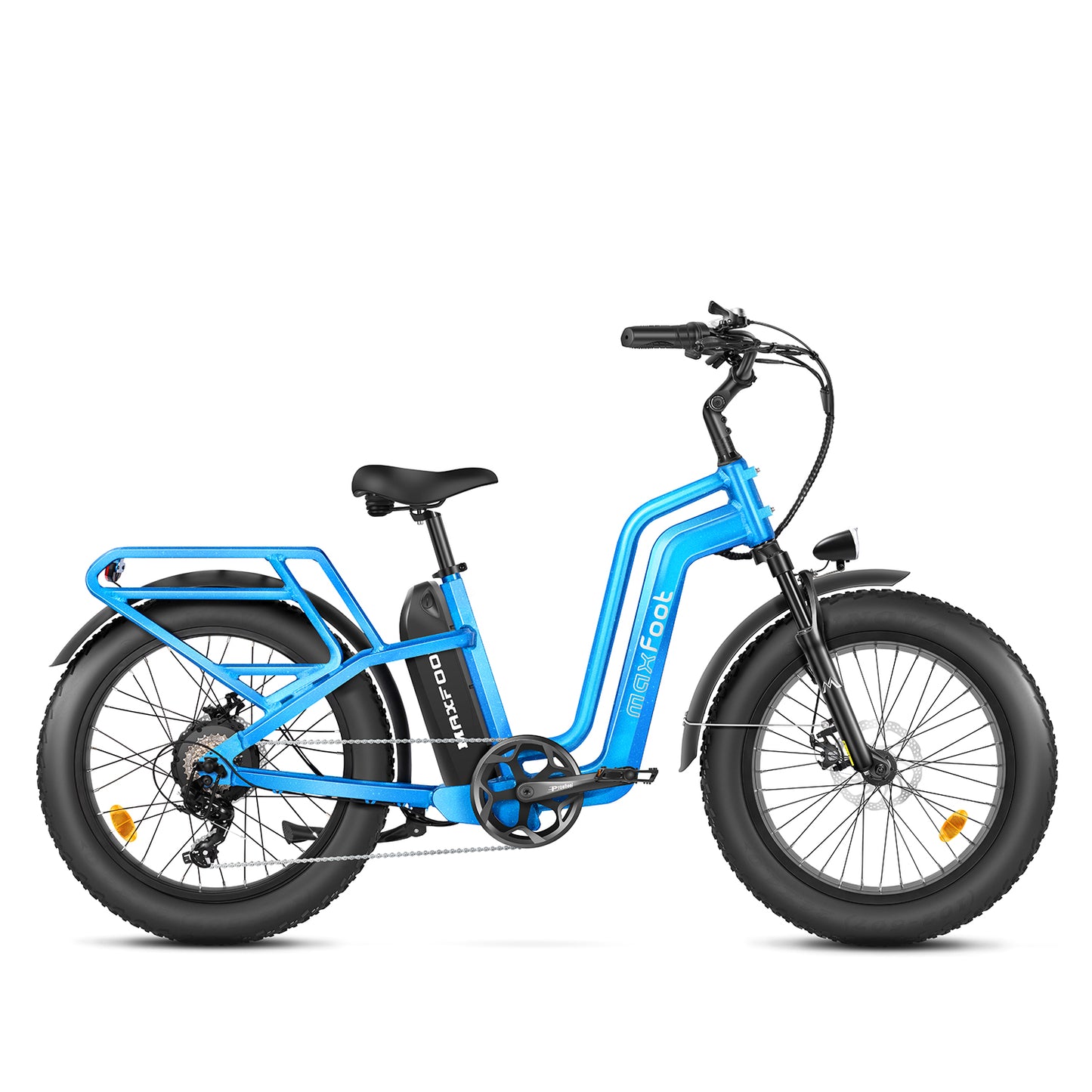 A blue MaxZ cruiser electric bike 24" fat tire
